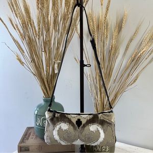 Glenda Gies Chenille Canvas Embroidered Shoulder Bag Clutch White Oatmeal Brown